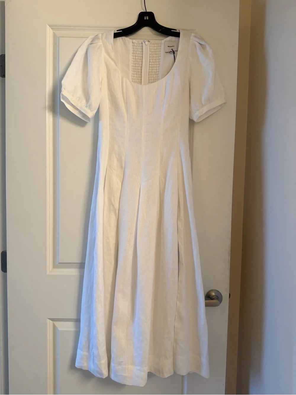 Reformation White Linen Square-Neck Midi Dress with Puff Sleeves - Picture 4 of 10